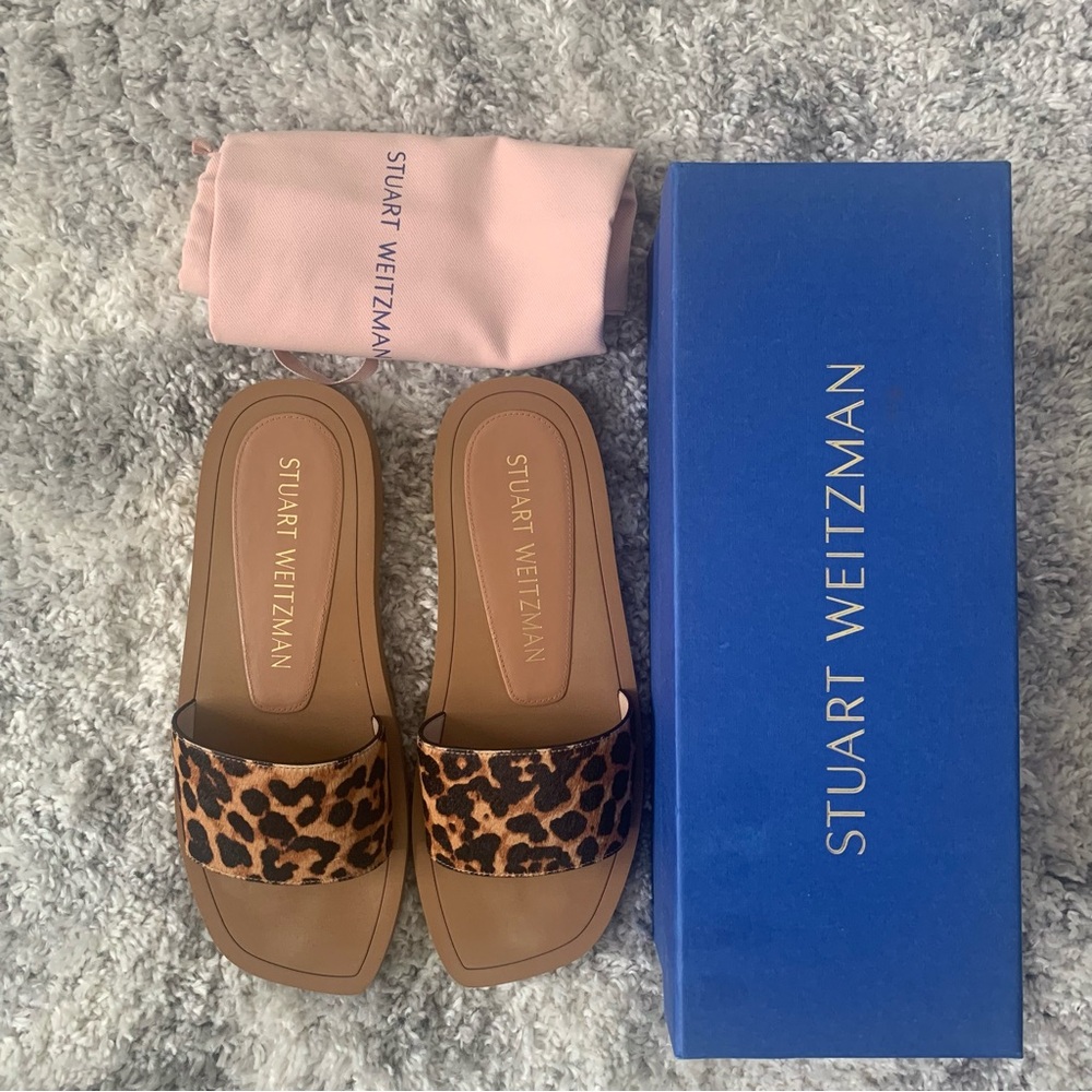 Stuart Weitzman Delilah Slide Sandals Leopard Calf Hair Size 8.5 Designer Flats